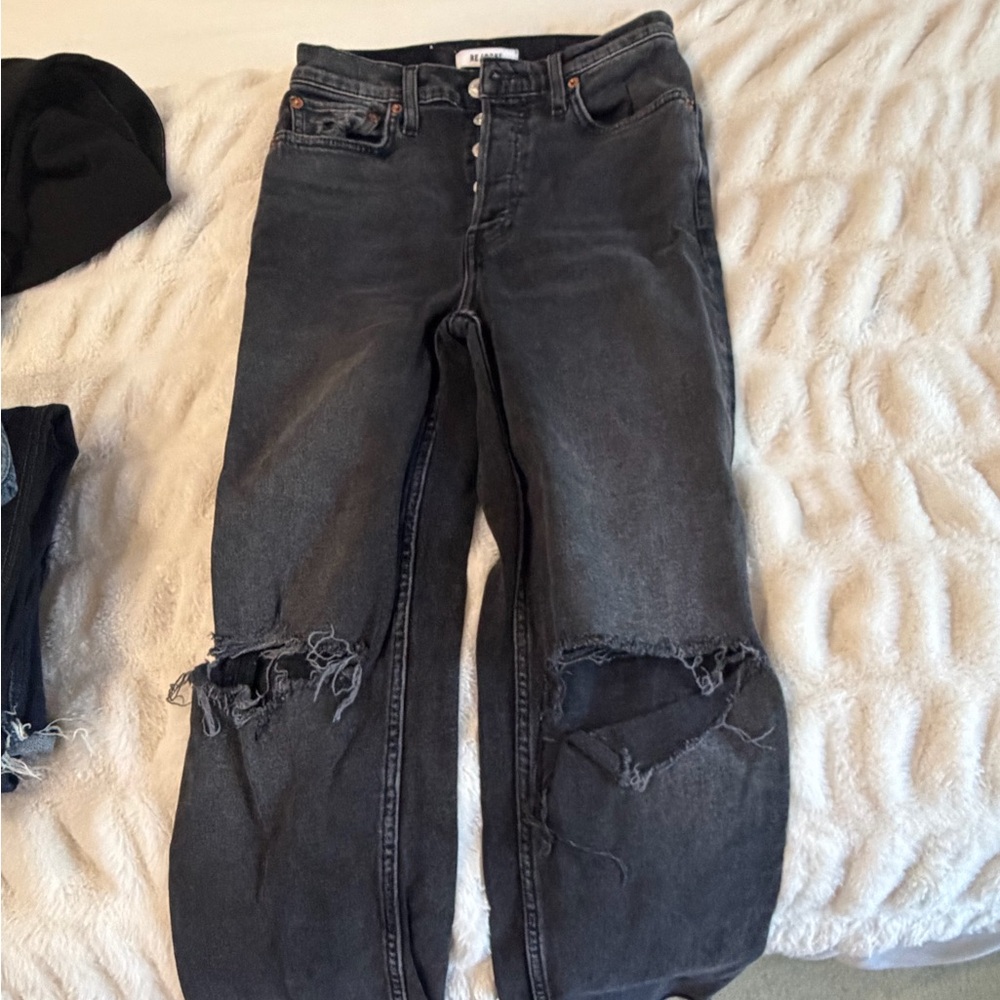 Redone dark grey wash ripped jeans